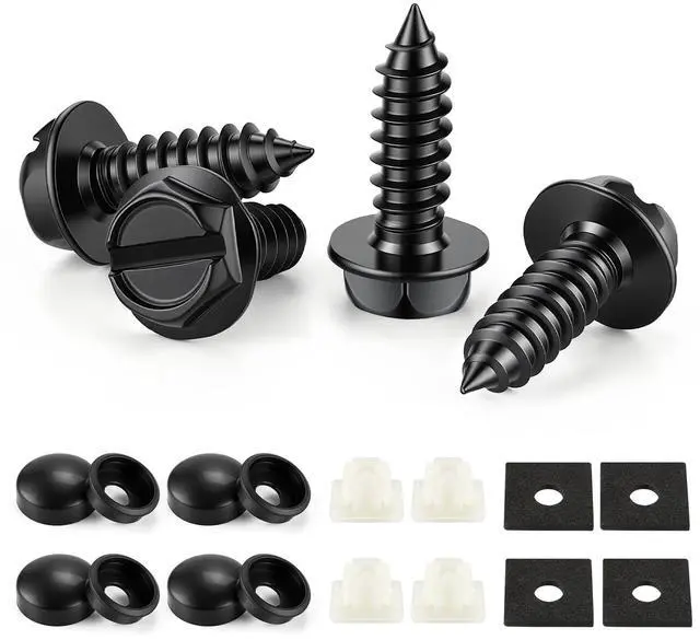 Main image of Rustproof License Plate Screws for Securing License Plates Frames and Covers on Cars and Trucks, 4 Sets Premium Stainless Steel Self Tapping Mounting Bolts (Black Zinc Plated)