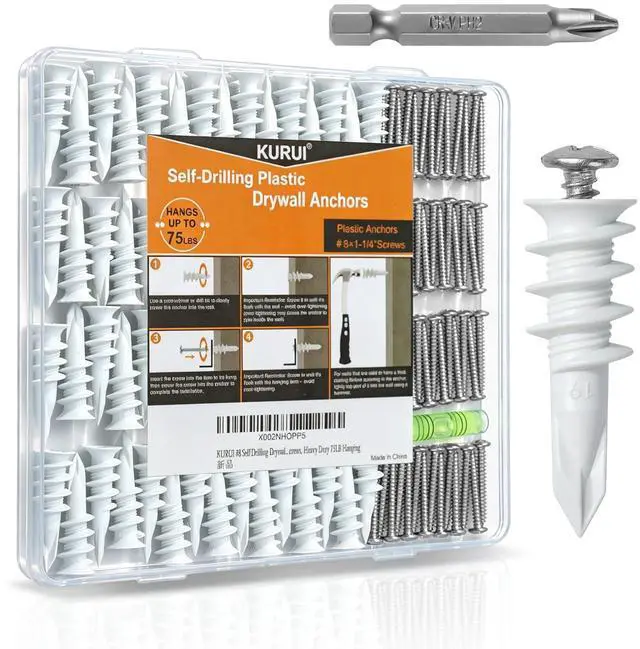 Main image of 140Pcs #8 Self Drilling Drywall Anchors and Screws Kit, No Drill Hole | Heavy Duty Dry Wall Anchors for Hanging Sheetrock, 70 Self-Tapping Plastic Hangers 70 Drywall Screws, Mounting Hardware -75LB