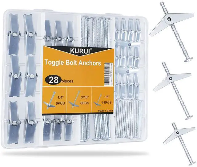 Main image of Heavy Duty Hollow Drywall Anchors for Sheetrock Ceiling, Toggle Bolts and Wing Nut Kit, 28Pcs Metal Dry Wall Anchors and Screws Assortment Set, Butterfly Anchor for Hanging 1/8, 3/16, 1/4