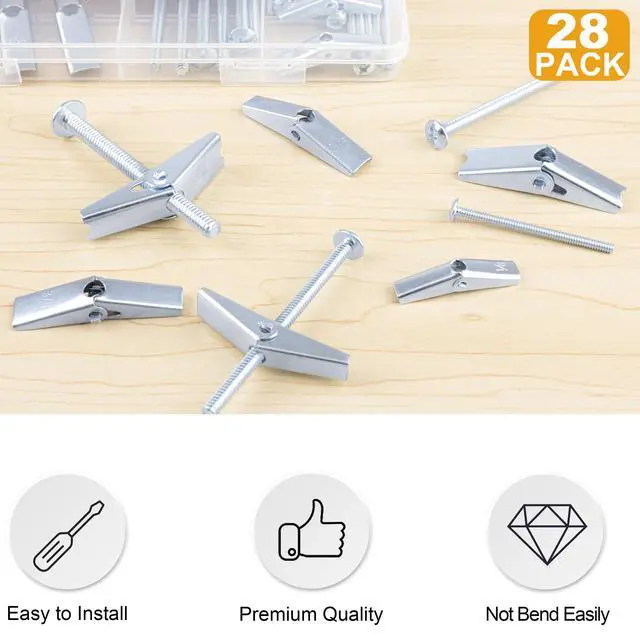 Alt view image 2 of 7 - Heavy Duty Hollow Drywall Anchors for Sheetrock Ceiling, Toggle Bolts and Wing Nut Kit, 28Pcs Metal Dry Wall Anchors and Screws Assortment Set, Butterfly Anchor for Hanging 1/8, 3/16, 1/4