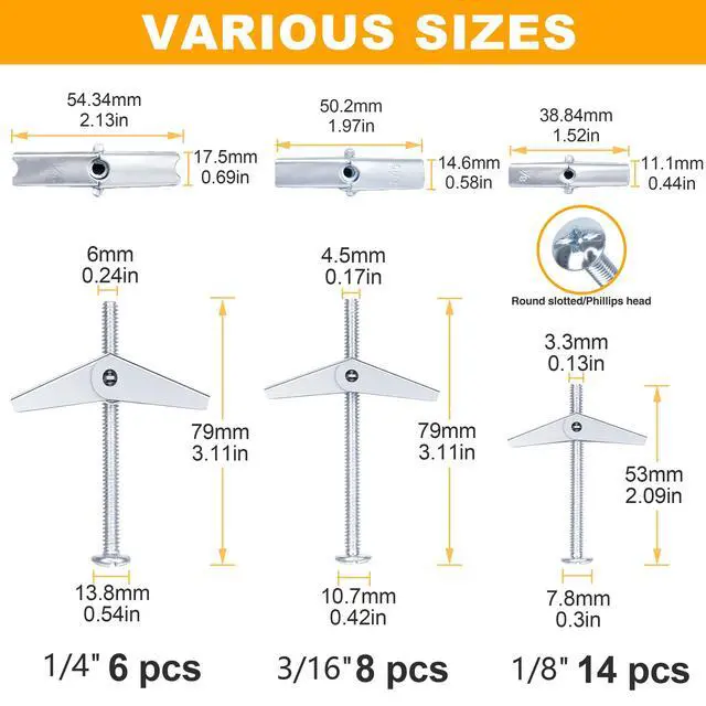 Alt view image 7 of 7 - Heavy Duty Hollow Drywall Anchors for Sheetrock Ceiling, Toggle Bolts and Wing Nut Kit, 28Pcs Metal Dry Wall Anchors and Screws Assortment Set, Butterfly Anchor for Hanging 1/8, 3/16, 1/4