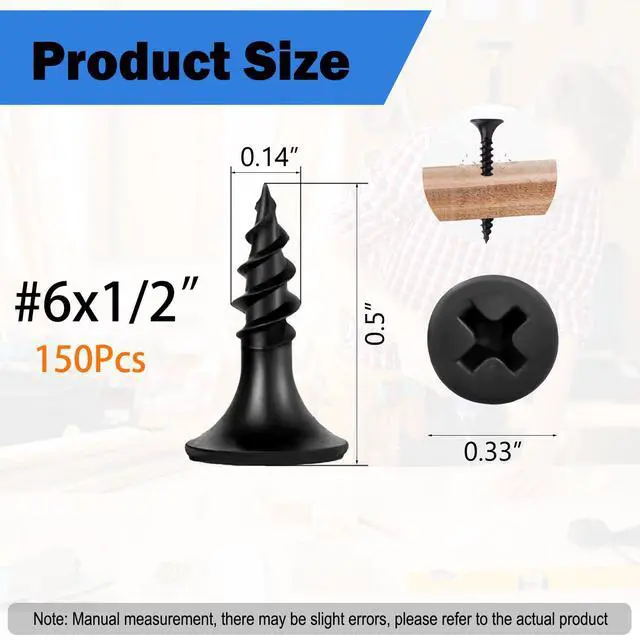 Alt view image 2 of 7 - 150Pcs Self-Tapping Black Wood Screws with Driver Bit, #6 x 1/2" | Black oxide, flat head, self-tapping, no pre-drill needed, for furniture, cabinets, plywood, DIY & woodworking