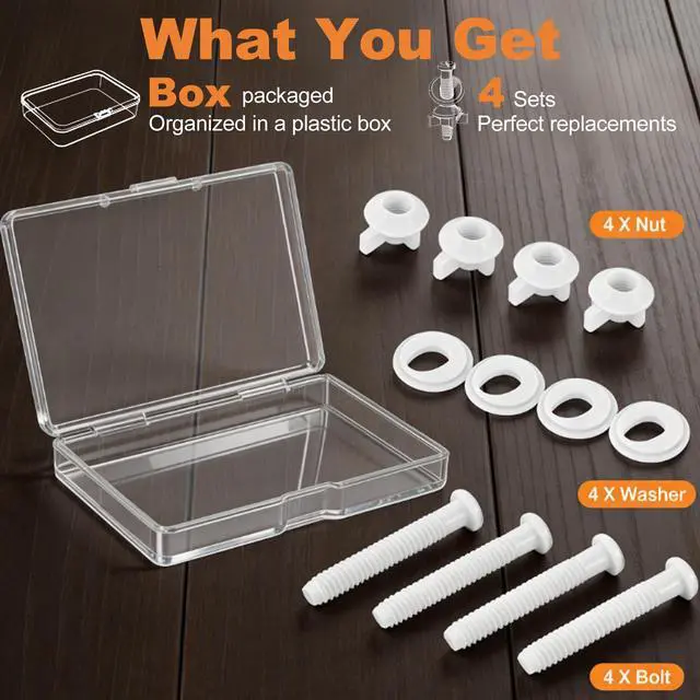Alt view image 5 of 7 - 4 Pcs Toilet Seat Screws, Including Plastic Bolts, Nuts and Washers, Durable Toilet Lid Bolts Replacement Kit to Fix Loose Top, Sleek 3-in-1 Fasteners Floor Bolts & Washer Sets