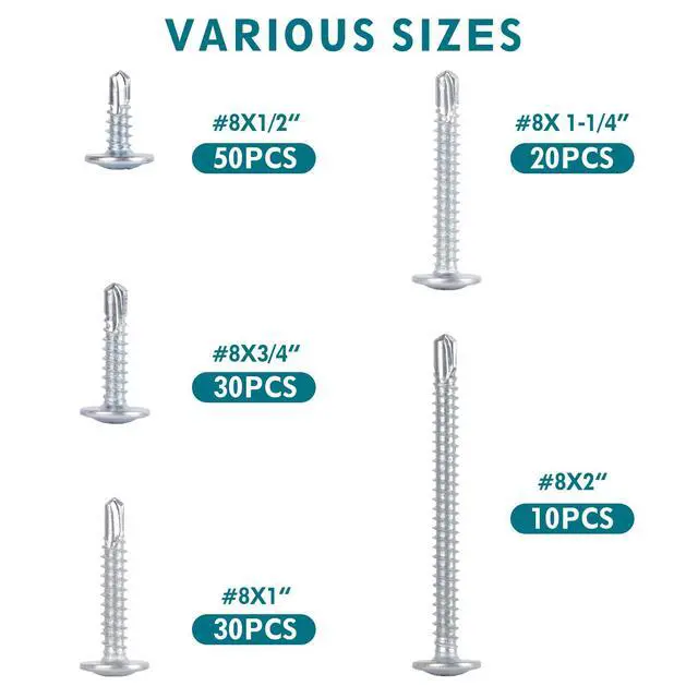 Alt view image 2 of 7 - Self-Tapping Screws Assortment Kit - 140PCS Sheet Metal Screws for Metal Plastic & Wood, Galvanized Self Tapping Screws - 5 Size 1/2" to 2" Self Drilling Screws
