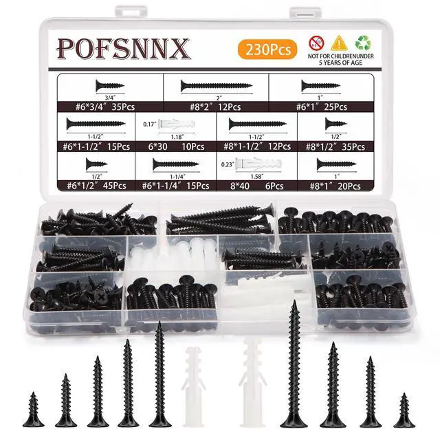 Main image of 230Pcs #6#8 Black Wood Screws Assortment Kit, 9 Sizes 1/2"-2" | Flat head, Phillips, self-tapping, rustproof, 16PC anchors, 1/2,3/4,1,1-1/4,1-1/2,2" for cabinets, furniture, DIY Woodworking