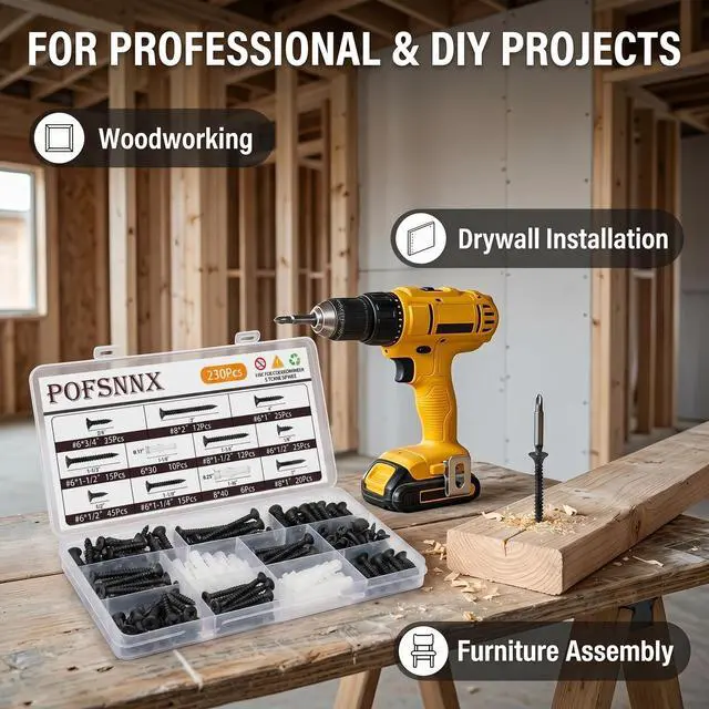 Alt view image 6 of 7 - 230Pcs #6#8 Black Wood Screws Assortment Kit, 9 Sizes 1/2"-2" | Flat head, Phillips, self-tapping, rustproof, 16PC anchors, 1/2,3/4,1,1-1/4,1-1/2,2" for cabinets, furniture, DIY Woodworking