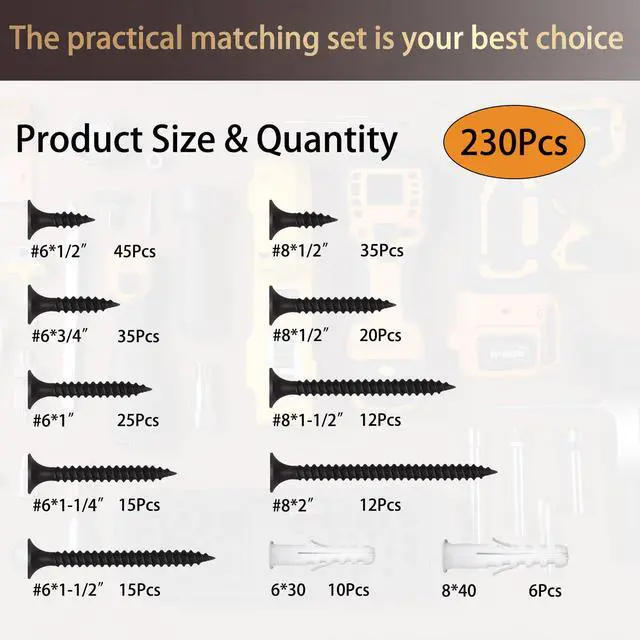 Alt view image 7 of 7 - 230Pcs #6#8 Black Wood Screws Assortment Kit, 9 Sizes 1/2"-2" | Flat head, Phillips, self-tapping, rustproof, 16PC anchors, 1/2,3/4,1,1-1/4,1-1/2,2" for cabinets, furniture, DIY Woodworking