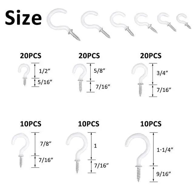 Alt view image 2 of 7 - 90 Pcs White Ceiling Hooks kit, 6 Sizes Vinyl Coated Screw-in Plant, Kitchen, Cup, Ceiling Hooks for Hanging (1/2in, 5/8in,3/4in,7/8in,1'',1-1/4in)