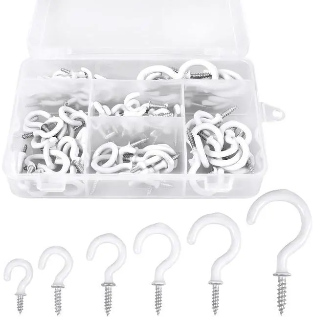 Main image of 90 Pcs White Ceiling Hooks kit, 6 Sizes Vinyl Coated Screw-in Plant, Kitchen, Cup, Ceiling Hooks for Hanging (1/2in, 5/8in,3/4in,7/8in,1'',1-1/4in)