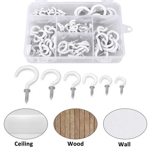 Alt view image 5 of 7 - 90 Pcs White Ceiling Hooks kit, 6 Sizes Vinyl Coated Screw-in Plant, Kitchen, Cup, Ceiling Hooks for Hanging (1/2in, 5/8in,3/4in,7/8in,1'',1-1/4in)