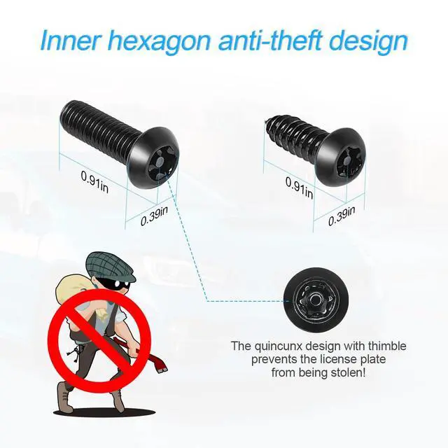 Alt view image 2 of 7 - Anti Theft License Plate Screws Kits- Rustproof Stainless Steel Car Tag Plate Mounting Hardware, M6 (1/4") Tamper Proof Fastener Nut, Caps Cover for Front Rear Frame Holder MountingAT-Black/8