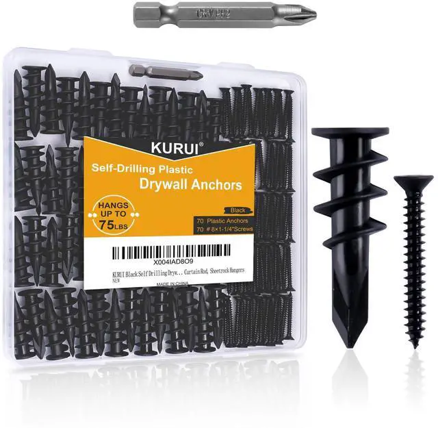 Main image of 140PCs #8 Self Drilling Drywall Anchors, Heavy Duty Dry Wall Anchors and Flat Head Screws Kit, 75LB Hanging for Picture Frames, Wall Decor Art and Curtain Rods, Sheetrock Hangers - Black