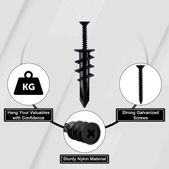 Alt view image 2 of 7 - 140PCs #8 Self Drilling Drywall Anchors, Heavy Duty Dry Wall Anchors and Flat Head Screws Kit, 75LB Hanging for Picture Frames, Wall Decor Art and Curtain Rods, Sheetrock Hangers - Black
