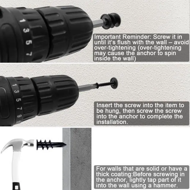 Alt view image 5 of 7 - 140PCs #8 Self Drilling Drywall Anchors, Heavy Duty Dry Wall Anchors and Flat Head Screws Kit, 75LB Hanging for Picture Frames, Wall Decor Art and Curtain Rods, Sheetrock Hangers - Black