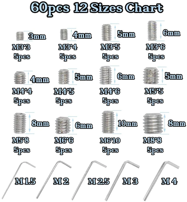Alt view image 2 of 6 - 60pcs Set Screws, Allen Head Screws, Grub Screws M3 M4 M5 M6 M8 for Home Repair, Install Door Lock, Repair Furniture, Electronic Product, DIY, Fixtures (Stainless Steel 12 Sizes)