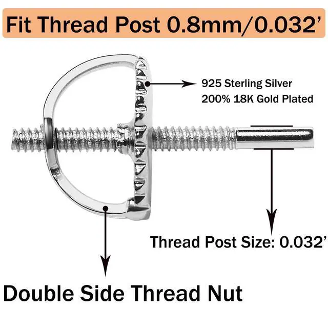 Alt view image 2 of 7 - 2-Pairs Screw Earring Backs for Threaded Post .032"/0.8mm,18K Gold Plated Sterling Silver Screw on Earring Backs Replacements for Diamond Earring Studs, Hypoallergenic Secure ScrewBacks