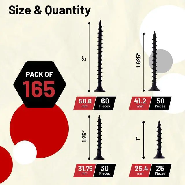 Alt view image 2 of 6 - 165 Pcs Black Drywall Screws, #6 Wood Screws for Sheetrock | 165pcs Drywall Screws Kit, #6 Black Wood Screws for Sheetrock, Tools Assortment