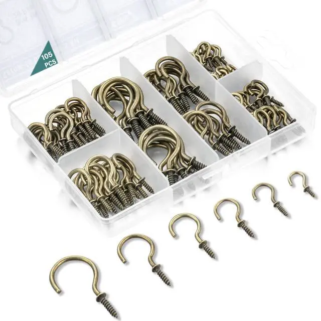 Main image of 105 Pcs Screw Hooks, 6 Sizes Bronze Cup Hooks, Screw Hooks for Hanging, Metal Cup Hooks Screw in (1/2", 5/8", 3/4", 7/8", 1'', 1-1/4")