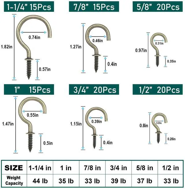 Alt view image 2 of 7 - 105 Pcs Screw Hooks, 6 Sizes Bronze Cup Hooks, Screw Hooks for Hanging, Metal Cup Hooks Screw in (1/2", 5/8", 3/4", 7/8", 1'', 1-1/4")