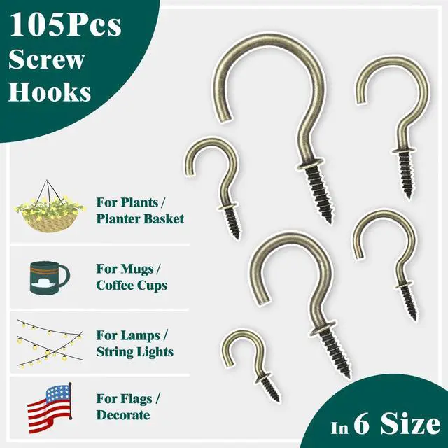 Alt view image 4 of 7 - 105 Pcs Screw Hooks, 6 Sizes Bronze Cup Hooks, Screw Hooks for Hanging, Metal Cup Hooks Screw in (1/2", 5/8", 3/4", 7/8", 1'', 1-1/4")