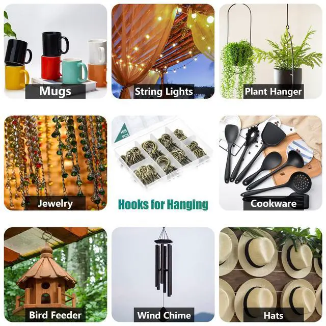 Alt view image 6 of 7 - 105 Pcs Screw Hooks, 6 Sizes Bronze Cup Hooks, Screw Hooks for Hanging, Metal Cup Hooks Screw in (1/2", 5/8", 3/4", 7/8", 1'', 1-1/4")