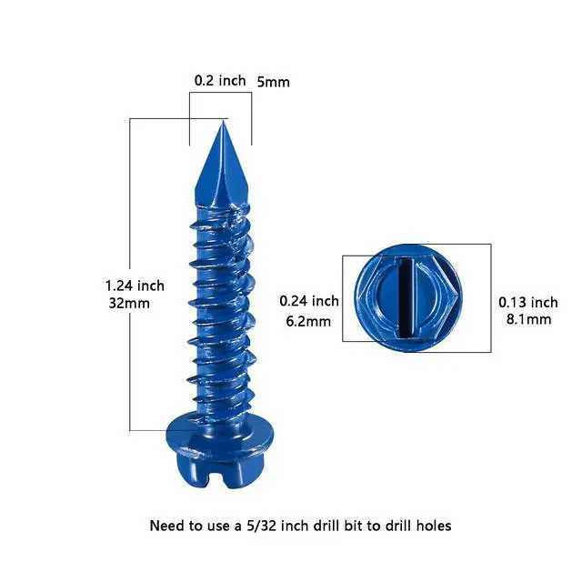 Alt view image 2 of 5 - (30 PCS) 3/16" * 1-1/4" Slotted Hex Concrete Screws Anchor Blue Hexagon Head for Anchoring to Masonry, Block or Brick Stucco