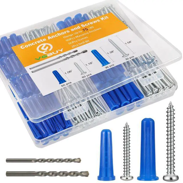 Main image of 180PCS Conical Concrete Anchors and Screws Assortment Kit, 90PCS Concrete Wall Anchors, 90PCS Self Tapping Screws for Masonry Stucco Brick Cement Cinder Block Tile, with 2PCS Drill Bit