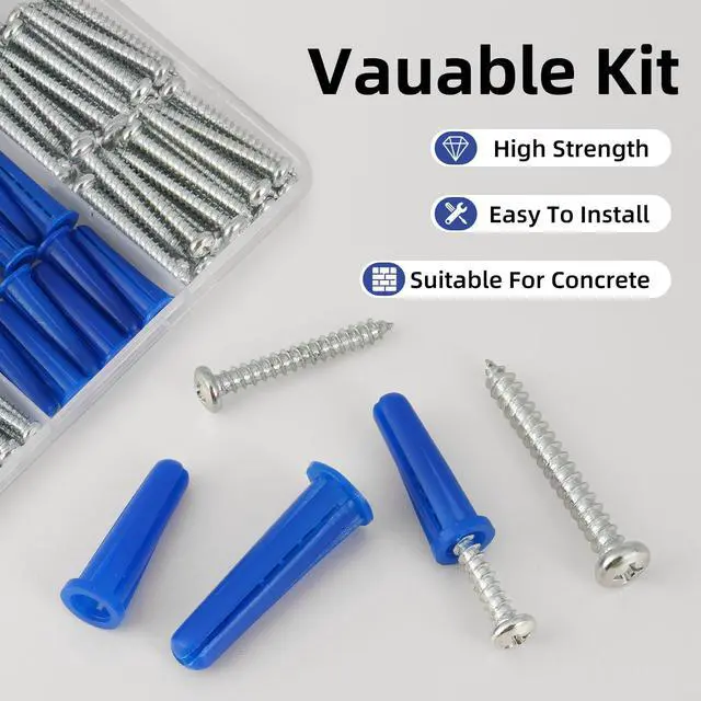 Alt view image 2 of 6 - 180PCS Conical Concrete Anchors and Screws Assortment Kit, 90PCS Concrete Wall Anchors, 90PCS Self Tapping Screws for Masonry Stucco Brick Cement Cinder Block Tile, with 2PCS Drill Bit