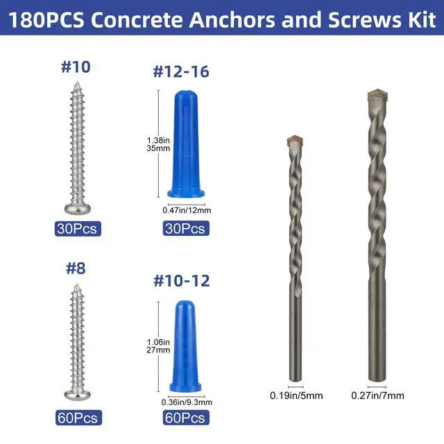 Alt view image 4 of 6 - 180PCS Conical Concrete Anchors and Screws Assortment Kit, 90PCS Concrete Wall Anchors, 90PCS Self Tapping Screws for Masonry Stucco Brick Cement Cinder Block Tile, with 2PCS Drill Bit