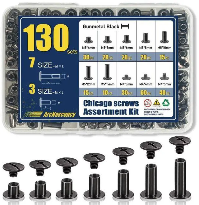 Main image of 130 Sets Gunmetal Black Chicago Screws Leather Rivets Kit, 7 Sizes (M5*4,5,6,8,10,12,15) & 3 Screw Lengths (M4*3,4,5) for Belts, Bookbinding, DIY Leather
