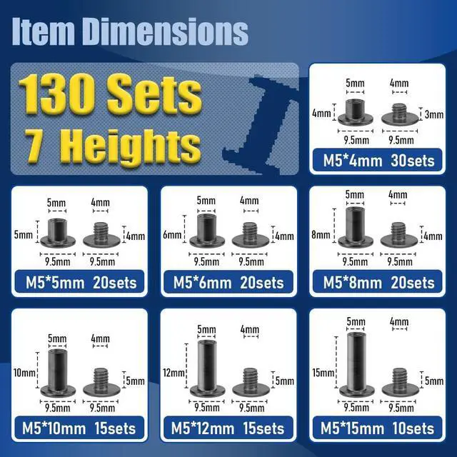 Alt view image 2 of 6 - 130 Sets Gunmetal Black Chicago Screws Leather Rivets Kit, 7 Sizes (M5*4,5,6,8,10,12,15) & 3 Screw Lengths (M4*3,4,5) for Belts, Bookbinding, DIY Leather