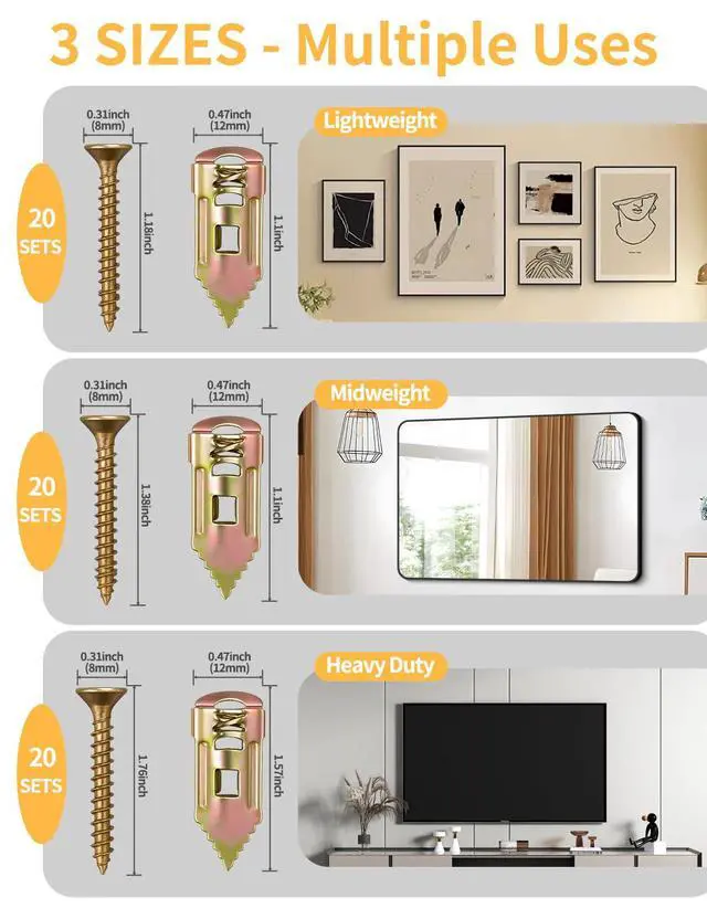 Alt view image 2 of 7 - 3 Sizes Self Drilling Drywall Anchors Kit with Screws Heavy Duty | 120PCS Metal Drywall Anchors, Expansion Grip Anchors for Sheetrock, Shelves, Mirrors, Picture Frames & Wall Decor