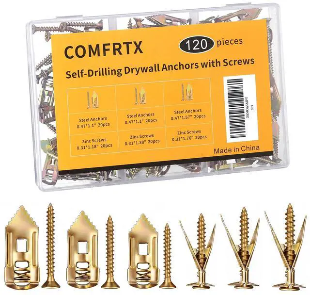 Main image of 3 Sizes Self Drilling Drywall Anchors Kit with Screws Heavy Duty | 120PCS Metal Drywall Anchors, Expansion Grip Anchors for Sheetrock, Shelves, Mirrors, Picture Frames & Wall Decor