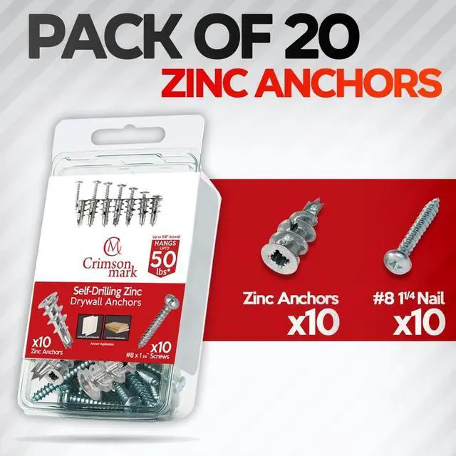 Alt view image 2 of 7 - 20Pcs Zinc Self Drilling Drywall Anchors and Screws Kit #8 | #8 x 1-1/4" Metal Wall Anchors Hold Up to 50lbs, No Drill Hole Required for Heavy Duty Drywall Screws & Anchors Installation.