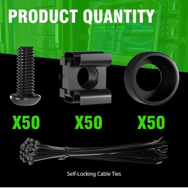 Alt view image 2 of 7 - 50 PACK M6 x 16mm Rack Mount Cage Nuts, Screws and Washers for Rack Mount Server Cabinet, Rack Mount Server Shelves, Routers, Rack Mount Screws and Square Insert Nuts, Self-Locking Cable Ties for Free