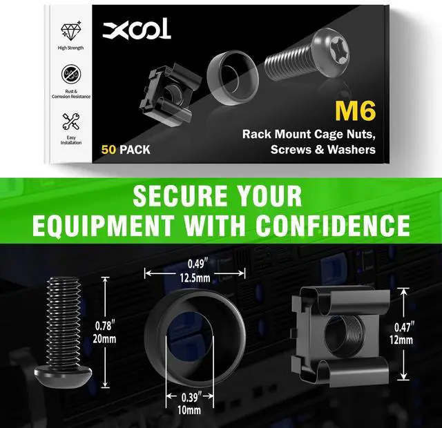 Alt view image 6 of 7 - 50 PACK M6 x 16mm Rack Mount Cage Nuts, Screws and Washers for Rack Mount Server Cabinet, Rack Mount Server Shelves, Routers, Rack Mount Screws and Square Insert Nuts, Self-Locking Cable Ties for Free