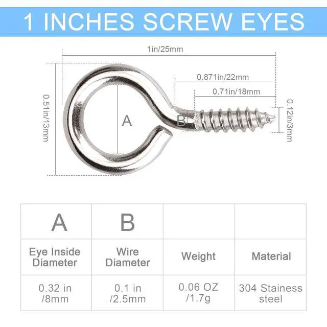 Alt view image 3 of 7 - 50pcs 304 Stainless Steel 1 Inches Eye Screws, Screw Hooks | 0.71" thread length, 0.87" wall insert section, heavy duty rust-resistant, for wood, cables, indoor outdoor hanging artwork