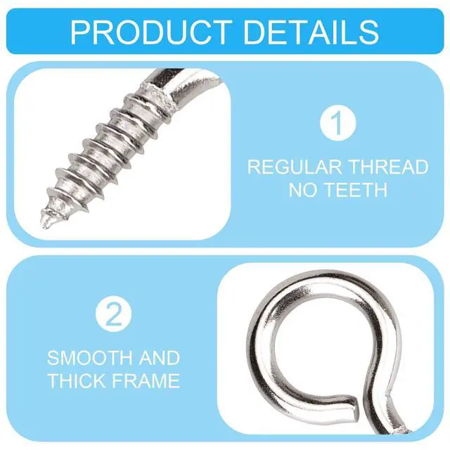 Alt view image 5 of 7 - 50pcs 304 Stainless Steel 1 Inches Eye Screws, Screw Hooks | 0.71" thread length, 0.87" wall insert section, heavy duty rust-resistant, for wood, cables, indoor outdoor hanging artwork