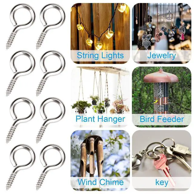 Alt view image 6 of 7 - 50pcs 304 Stainless Steel 1 Inches Eye Screws, Screw Hooks | 0.71" thread length, 0.87" wall insert section, heavy duty rust-resistant, for wood, cables, indoor outdoor hanging artwork