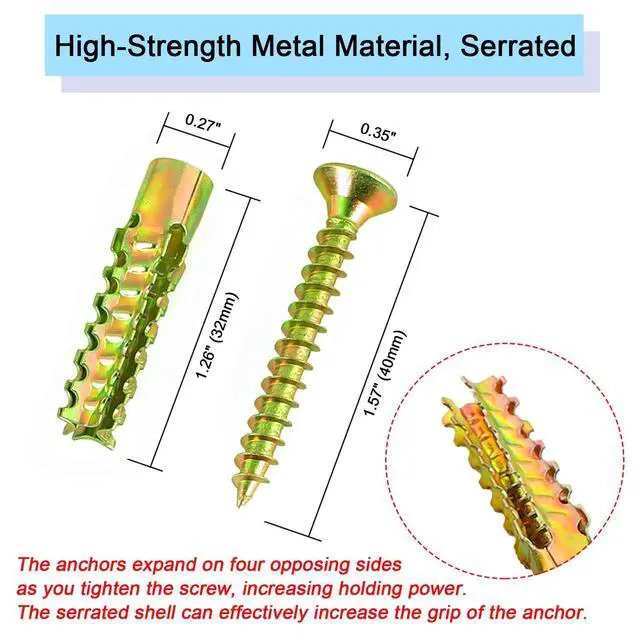 Alt view image 2 of 6 - 20Pack Hollow Wall Anchors with Screws, Loose Hinge Hole Repair Kits | Ideal for Door Hinge Repair, Anchors Heavy Duty for Concrete Wall, Hollow-Wall, Wooden Wall(6x32mm)