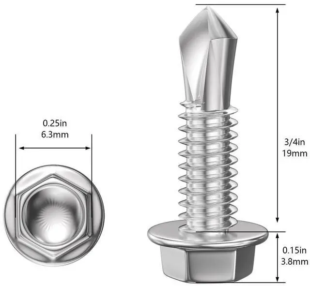 Alt view image 2 of 5 - (300Pcs) #8×3/4" Hex Washer Head Self Drilling Screws, 410 Stainless Steel Metal SheetScrewsTEK Screws, Sheet Metal Self Tapping Screws