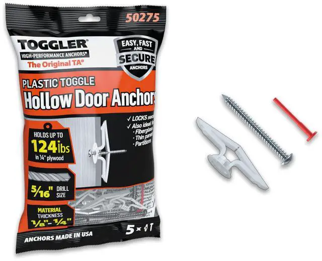 Main image of Toggle TA Hollow Door Anchors with Screws, 5 Pack | Polypropylene hollow door anchors with screws for #8 to #12 fasteners