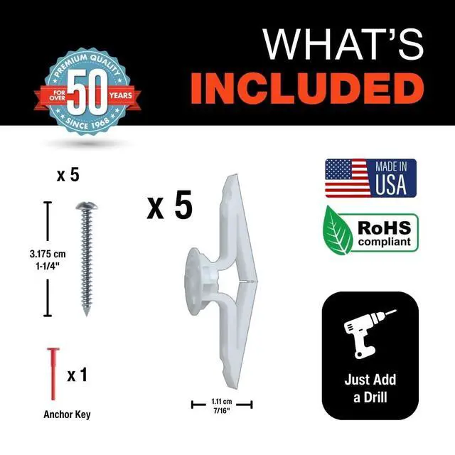 Alt view image 2 of 7 - Toggle TA Hollow Door Anchors with Screws, 5 Pack | Polypropylene hollow door anchors with screws for #8 to #12 fasteners