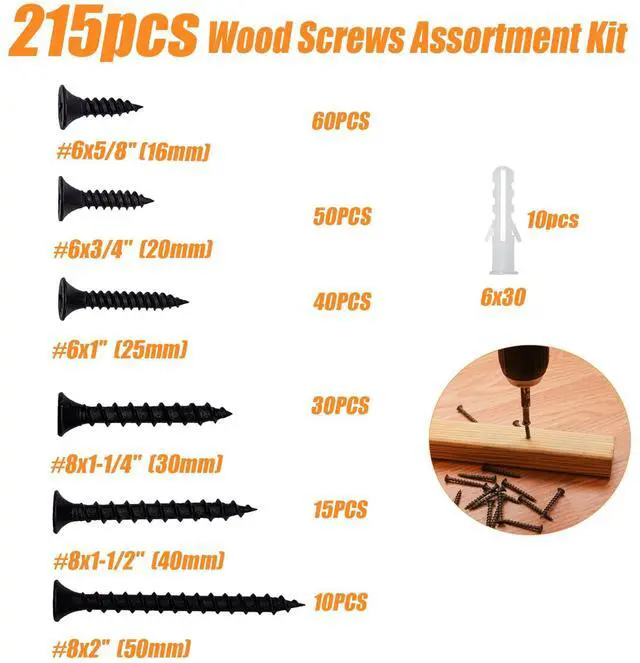 Alt view image 2 of 6 - 215PCS Assorted Wood Screws, Drywall Screws, Wood Screws Assortment Kit, Screw Assortment Kit,Phillips Assorted Screws, Contain 100PCS Anchors and 6 Sizes(2'', 1-1/2'', 1-1/4'', 1'', 3/4'', 5/8'')