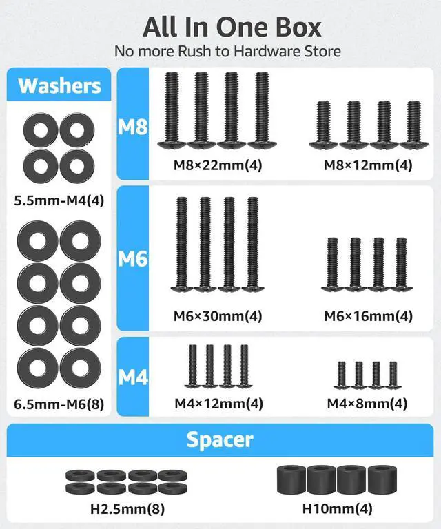 Alt view image 2 of 7 - Universal TV Mounting Hardware Screw Kit with Box - M4 M6 M8 Screws, Spacers & Washers for Most LED LCD OLED 4K TVs, Replacement Screws for TVs/Monitor Mounting, MU9041