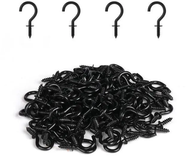 Main image of Small Screw Hooks, 1/2 Inch Metal Screw in Hooks, Black, 100 Pcs | Mini Twist in Thread Hooks, Anti Corrosion Rust, Outdoor Indoor Daily Use, for Hanging Cup String Light Jewelry Necklace Key