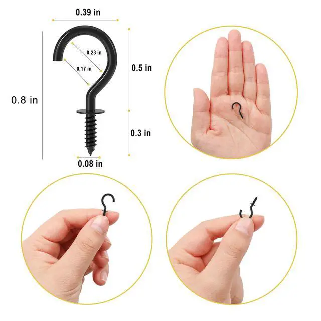Alt view image 3 of 7 - Small Screw Hooks, 1/2 Inch Metal Screw in Hooks, Black, 100 Pcs | Mini Twist in Thread Hooks, Anti Corrosion Rust, Outdoor Indoor Daily Use, for Hanging Cup String Light Jewelry Necklace Key
