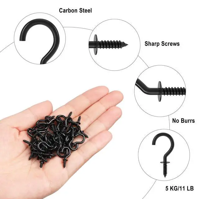 Alt view image 4 of 7 - Small Screw Hooks, 1/2 Inch Metal Screw in Hooks, Black, 100 Pcs | Mini Twist in Thread Hooks, Anti Corrosion Rust, Outdoor Indoor Daily Use, for Hanging Cup String Light Jewelry Necklace Key