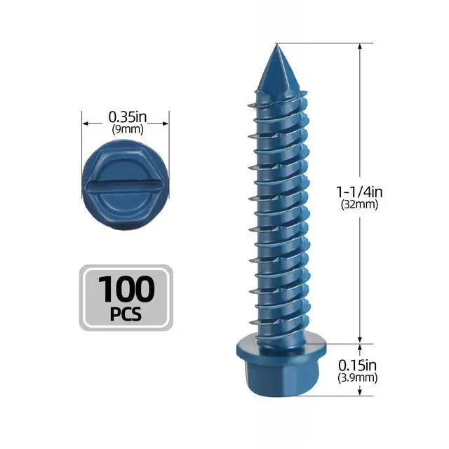 Alt view image 2 of 6 - 3/16" x 1-1/4" Concrete Screws, 100 PCS Blue Hex Washer Head Concrete Screws Anchor Kit with Drill Bit and Hex Bit Socket, for Masonry, Cement, Block, Brick or Stucco