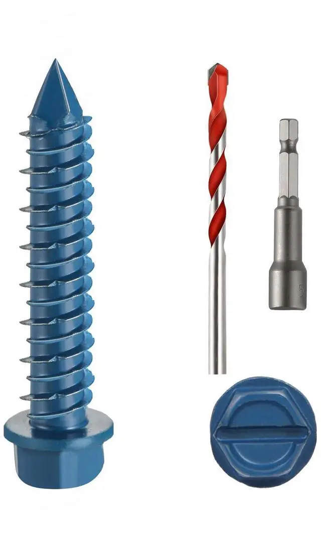 Main image of 3/16" x 1-1/4" Concrete Screws, 100 PCS Blue Hex Washer Head Concrete Screws Anchor Kit with Drill Bit and Hex Bit Socket, for Masonry, Cement, Block, Brick or Stucco